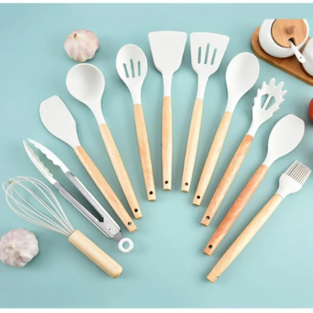 Kitchen Silicone Utensils 19 Piece Wooden Set Spatula, Knife Set, Cutting Board